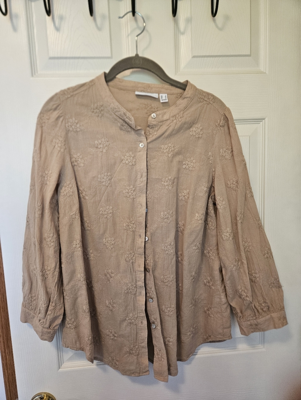 Susan Graver Light Taupe/Brown  Embroidered Button-Front Women's Top